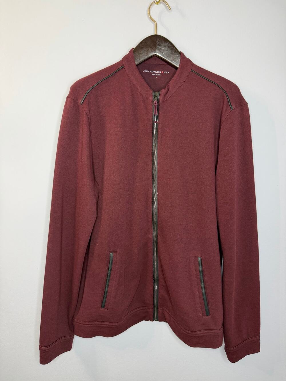 John Varvatos Faux Leather Trim Zip up Sweatshirt Burgundy Men's L
